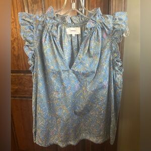 XIRENA  blue paisley V neck cotton sleeveless top with ruffled details. Sz XS